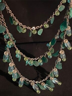 Vintage Green Leaf and glass Beaded Multi-Strand (3strand)Necklace